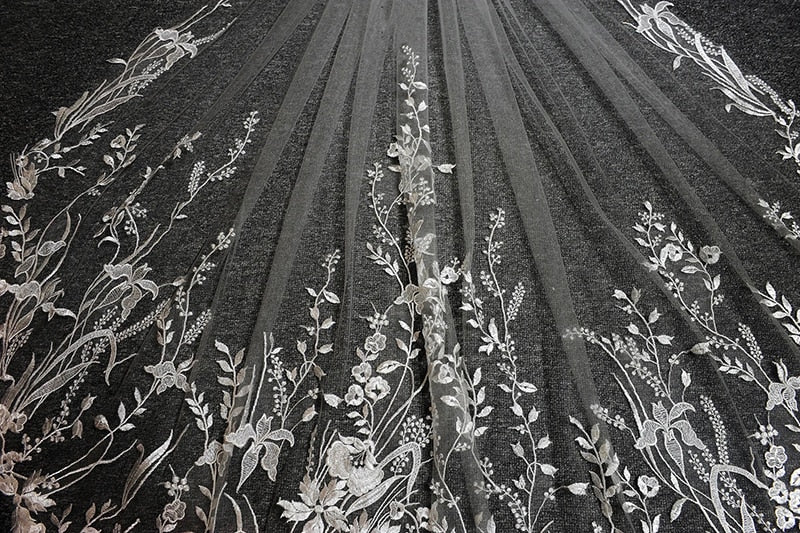 Sparkling White Ivory Long Bridal Veils | Wedding Veil Lace Appliques Soft Net Cathedral Veil