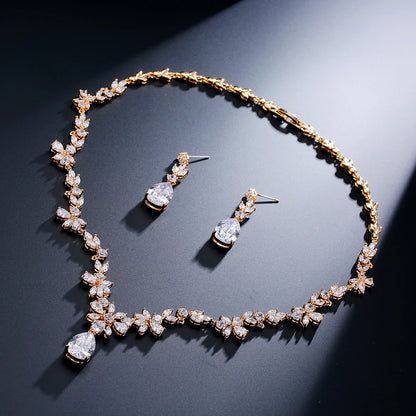 Water Drop Cubic Zirconia Jewelry Set – Romantic Necklace & Earrings for Women | Fashion Bridal Gift in Copper with CZ Sparkle