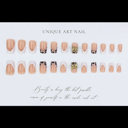 3D Leopard Flower Press On Nails – 24pcs Medium Square French Style