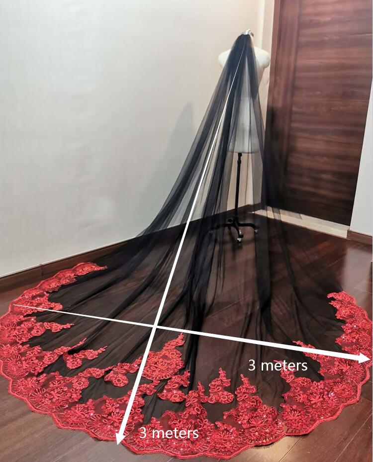 Wedding Veil Black Tulle Red Lace One Layer Long Bridal Veil with Comb