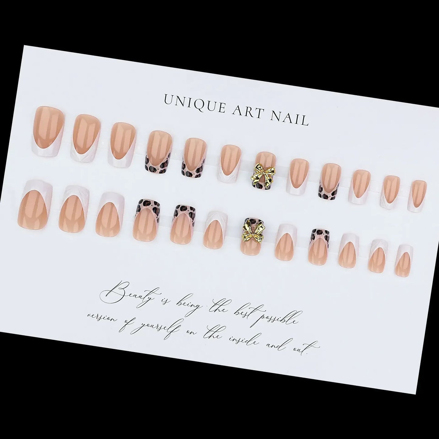 3D Leopard Flower Press On Nails – 24pcs Medium Square French Style