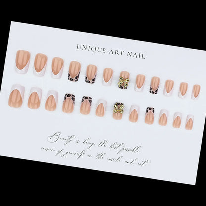 3D Leopard Flower Press On Nails – 24pcs Medium Square French Style