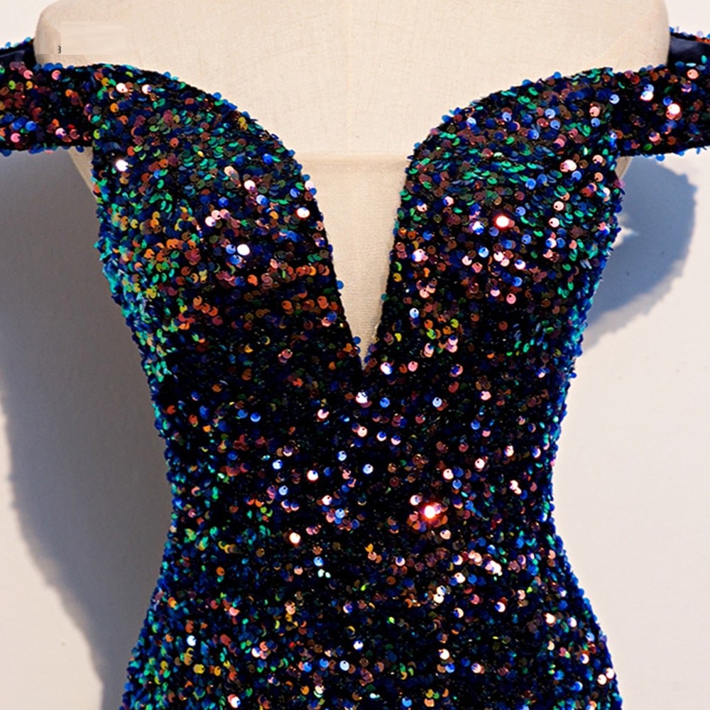 Boat Neck Floor-Length Sequined  Prom Dress with Train