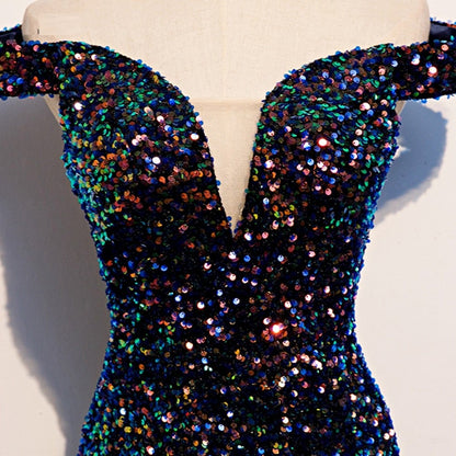 Boat Neck Floor-Length Sequined  Prom Dress with Train