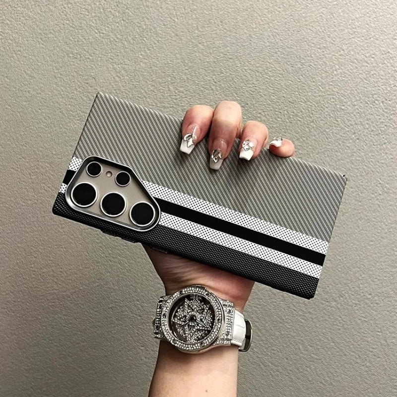 Abstract Geometric MagSafe Case for Samsung S23/S24/S25 Ultra – Alloy Lens Protection, Shockproof Carbon Fiber Texture Hard PC Back Cover