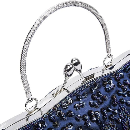 Retro Beaded Evening Clutch – Floral Sequin Baguette Purse with Kissing Lock | Vintage-Inspired Wedding &amp; Party Handbag