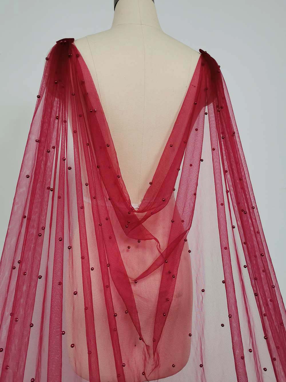 Burgundy Pearls Wedding Cape with Pins, Long Pearls Veil