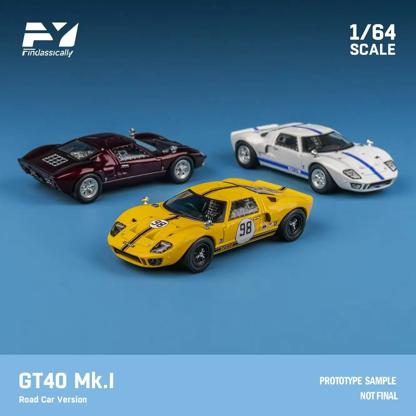 GT40 Mk.I model cars in yellow, white, and maroon colors on a blue background.