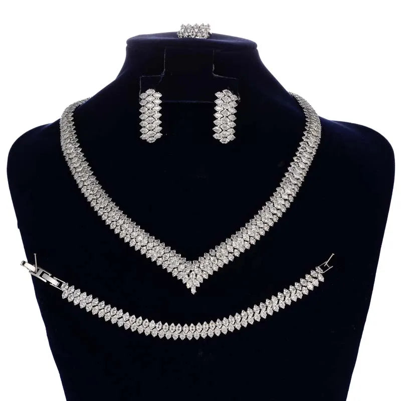 Luxury Bridal Jewelry Set for Women – Cubic Zirconia Necklace, Bracelet, Earrings & Ring | Wedding & Party Accessories