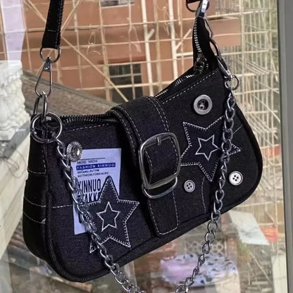 Y2K Fashion Women’s Shoulder Bag – Trendy Star Pattern Canvas Underarm Bag with Chain Strap, Cute Mini Tote Purse for Girls