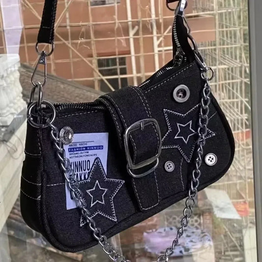 Y2K Fashion Women’s Shoulder Bag – Trendy Star Pattern Canvas Underarm Bag with Chain Strap, Cute Mini Tote Purse for Girls