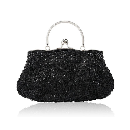 Retro Beaded Evening Clutch – Floral Sequin Baguette Purse with Kissing Lock | Vintage-Inspired Wedding &amp; Party Handbag