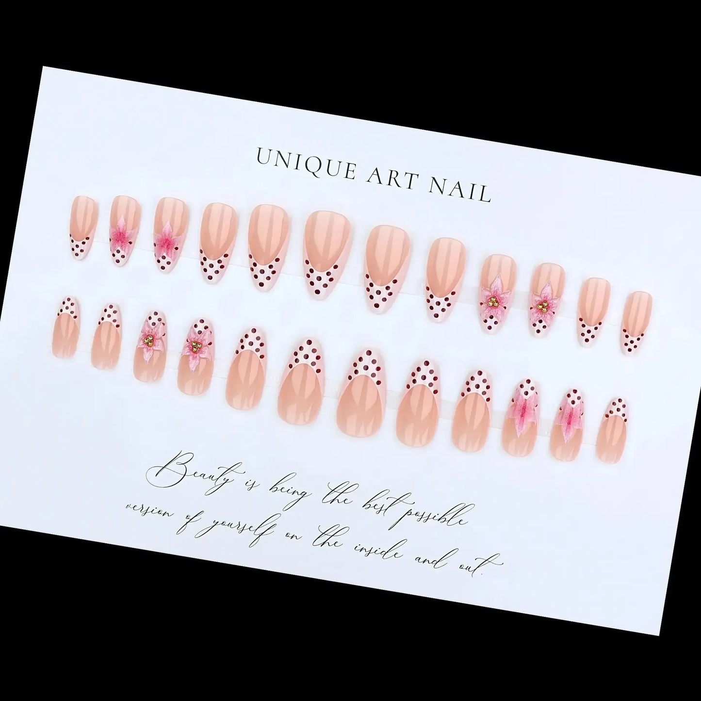 24 Pcs 3D Leopard Press On Nails – Medium Almond Acrylic Fake Nails with Polka Dot & Embossed Flower Design, Reusable Glue On Nails for Women