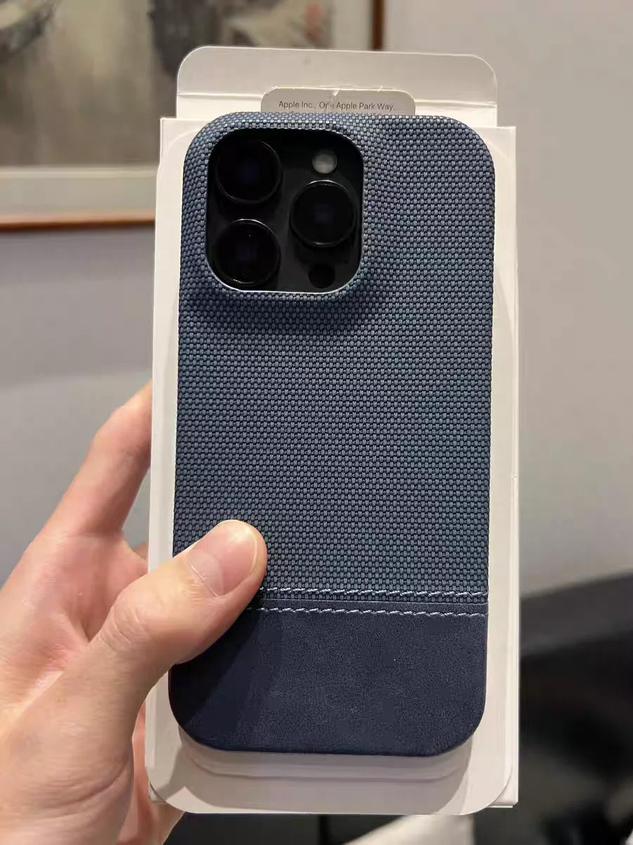 Luxury Leather Splice Business Phone Case For iPhone 17 Air / 16 / 15 Pro Max – Matte Weaving Frameless Shockproof Cover