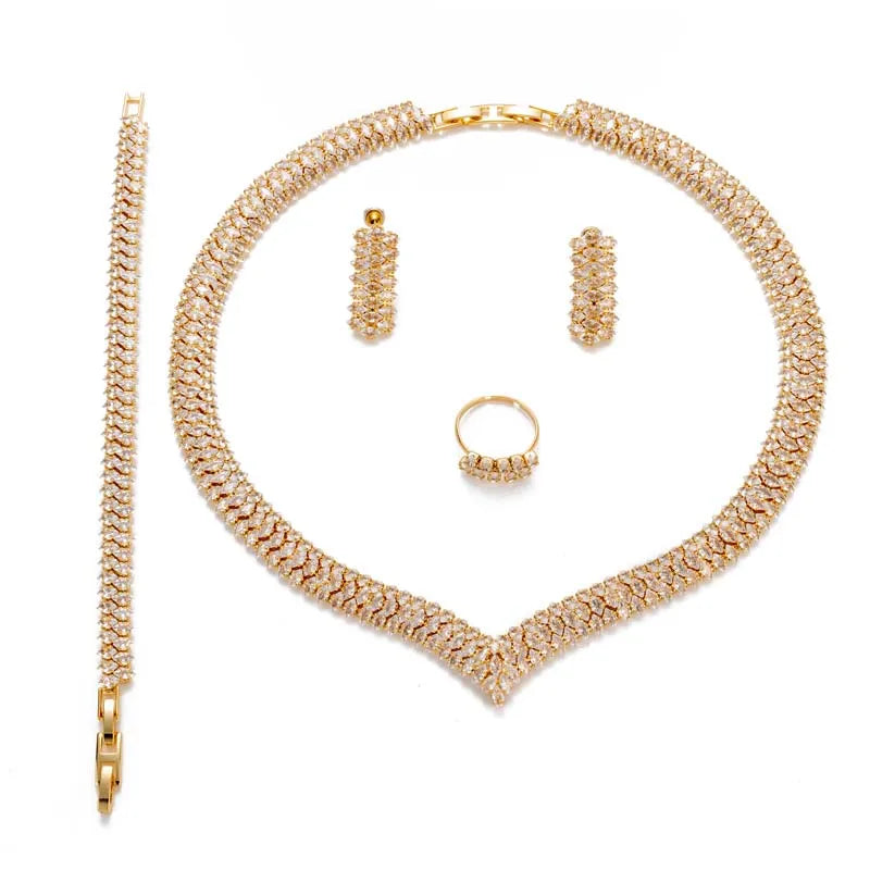 Luxury Bridal Jewelry Set for Women – Cubic Zirconia Necklace, Bracelet, Earrings & Ring | Wedding & Party Accessories