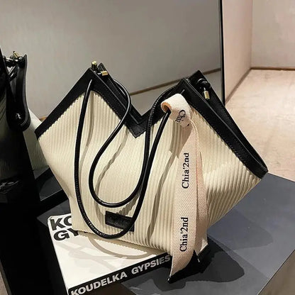 Korean Style Large Tote Bag – Fashionable PU Canvas Shoulder Bag for Women | Spacious Commuter Student Tote with Zipper Closure