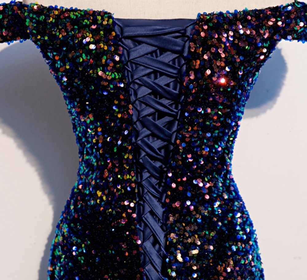 Boat Neck Floor-Length Sequined  Prom Dress with Train