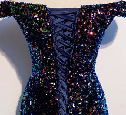 Boat Neck Floor-Length Sequined  Prom Dress with Train