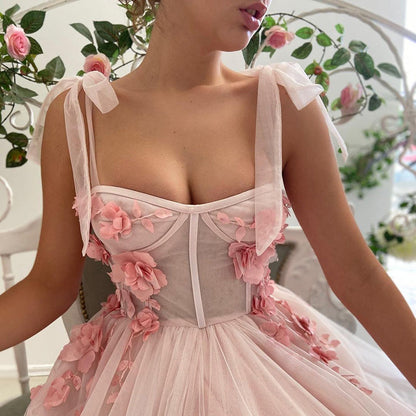 Pink A-Line Flowers Prom Dress