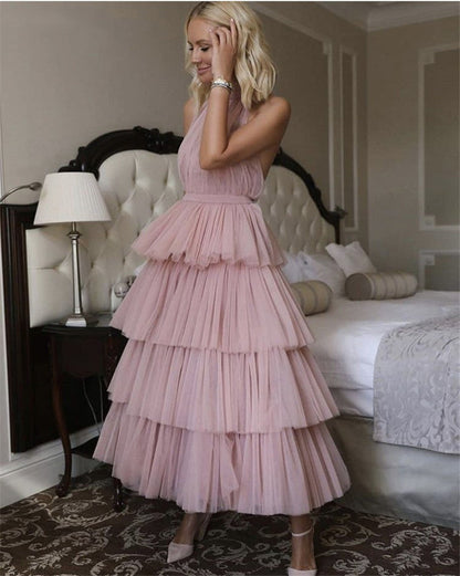 New Design Ruffled Tulle Evening Gown