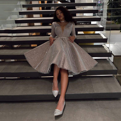 Sparkling Evening Dress | V- neck Long Sleeves Medium Length Party Dress