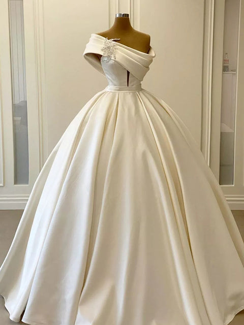 Unique One Shoulder Wedding Dress | Dubai Arabic Satin Wedding Ball Gown For Bride