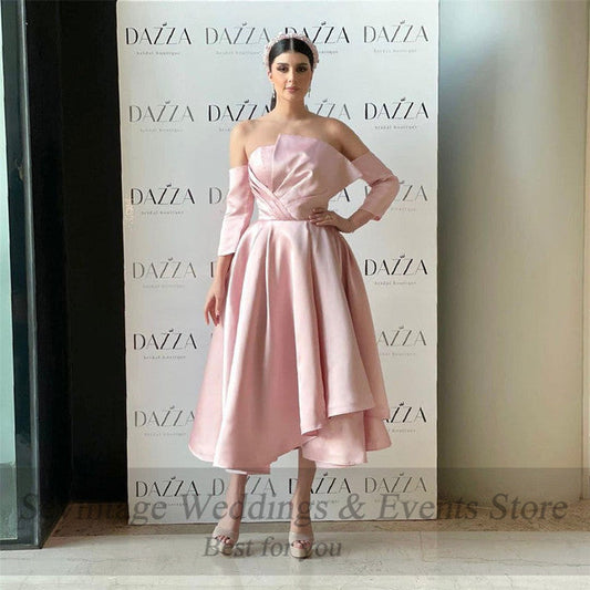 Pink Midi Arabia Half Sleeves Tea-Length Dubai Prom Gown