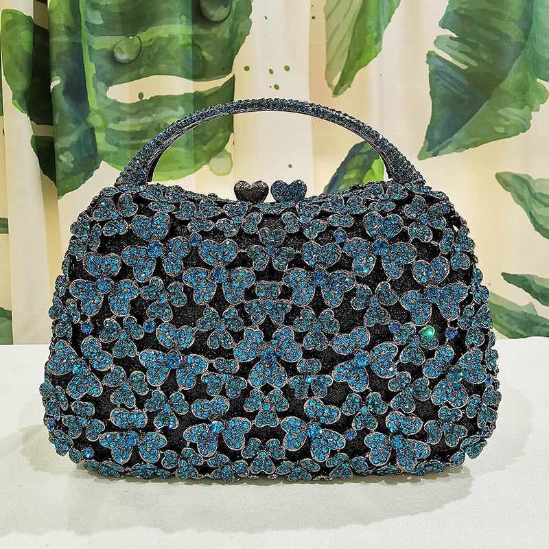 Blue Rhinestone Flower Black Top-Handle Bag