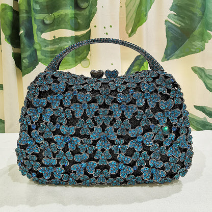 Blue Rhinestone Flower Black Top-Handle Bag