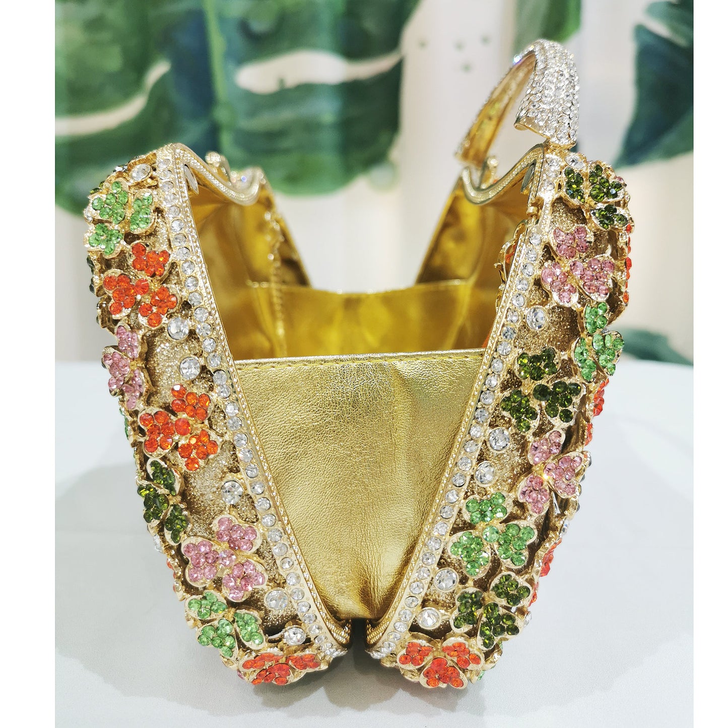 Blue Rhinestone Flower Black Top-Handle Bag