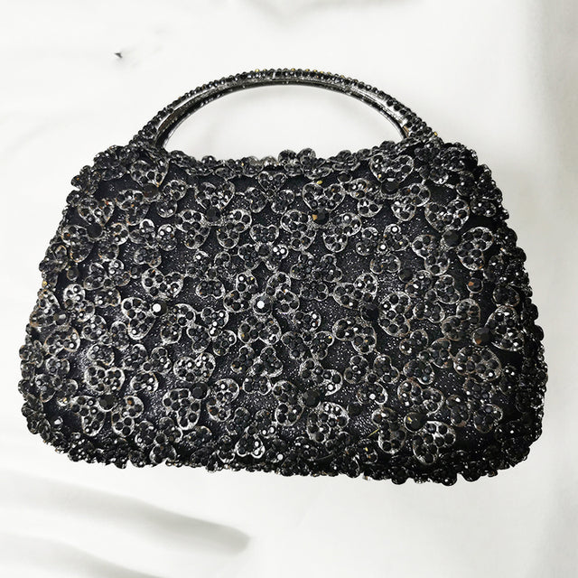 Blue Rhinestone Flower Black Top-Handle Bag