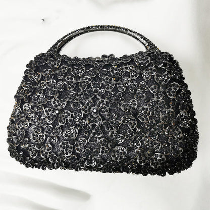 Blue Rhinestone Flower Black Top-Handle Bag