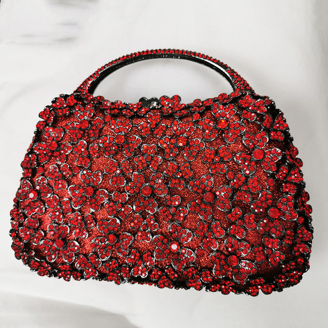 Blue Rhinestone Flower Black Top-Handle Bag