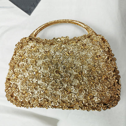 Blue Rhinestone Flower Black Top-Handle Bag