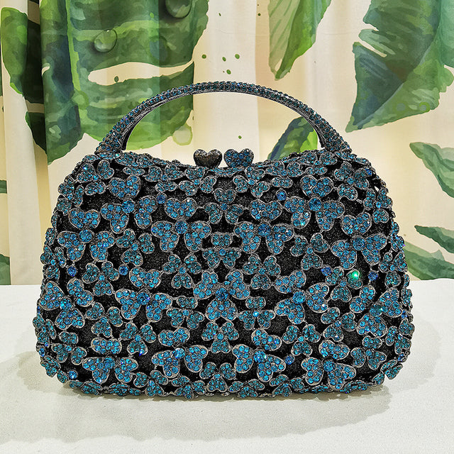 Blue Rhinestone Flower Black Top-Handle Bag