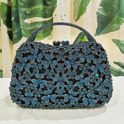 Blue Rhinestone Flower Black Top-Handle Bag