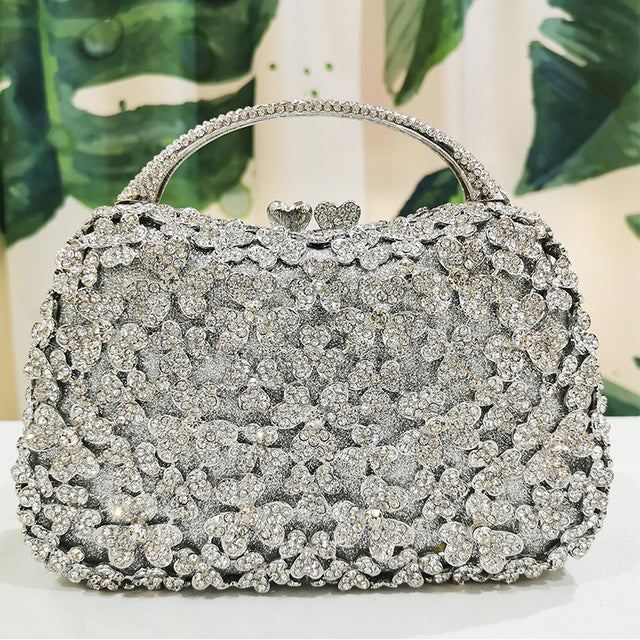Blue Rhinestone Flower Black Top-Handle Bag