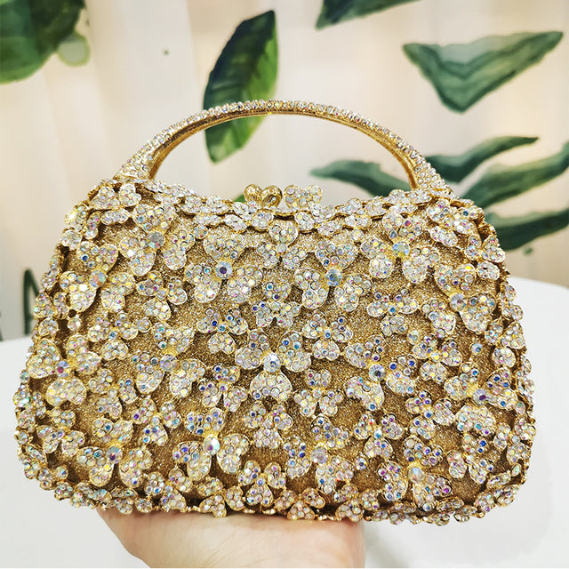 Blue Rhinestone Flower Black Top-Handle Bag