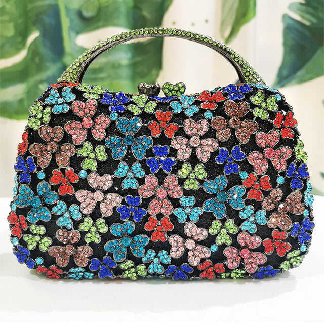 Blue Rhinestone Flower Black Top-Handle Bag