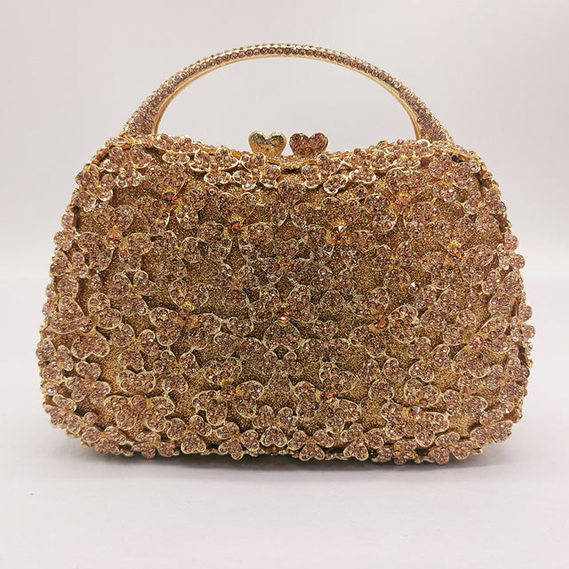 Blue Rhinestone Flower Black Top-Handle Bag